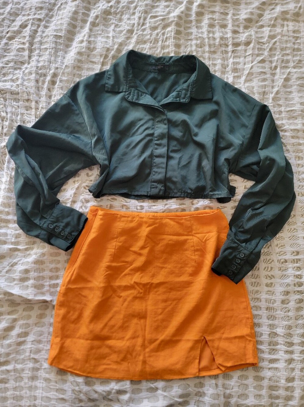 Forever 21 Teal Cropped Button-Up Top and Orange Mini Skirt Set